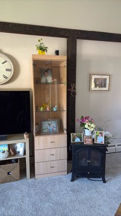 Light Wood Glass Door Display Cabinet with Drawers