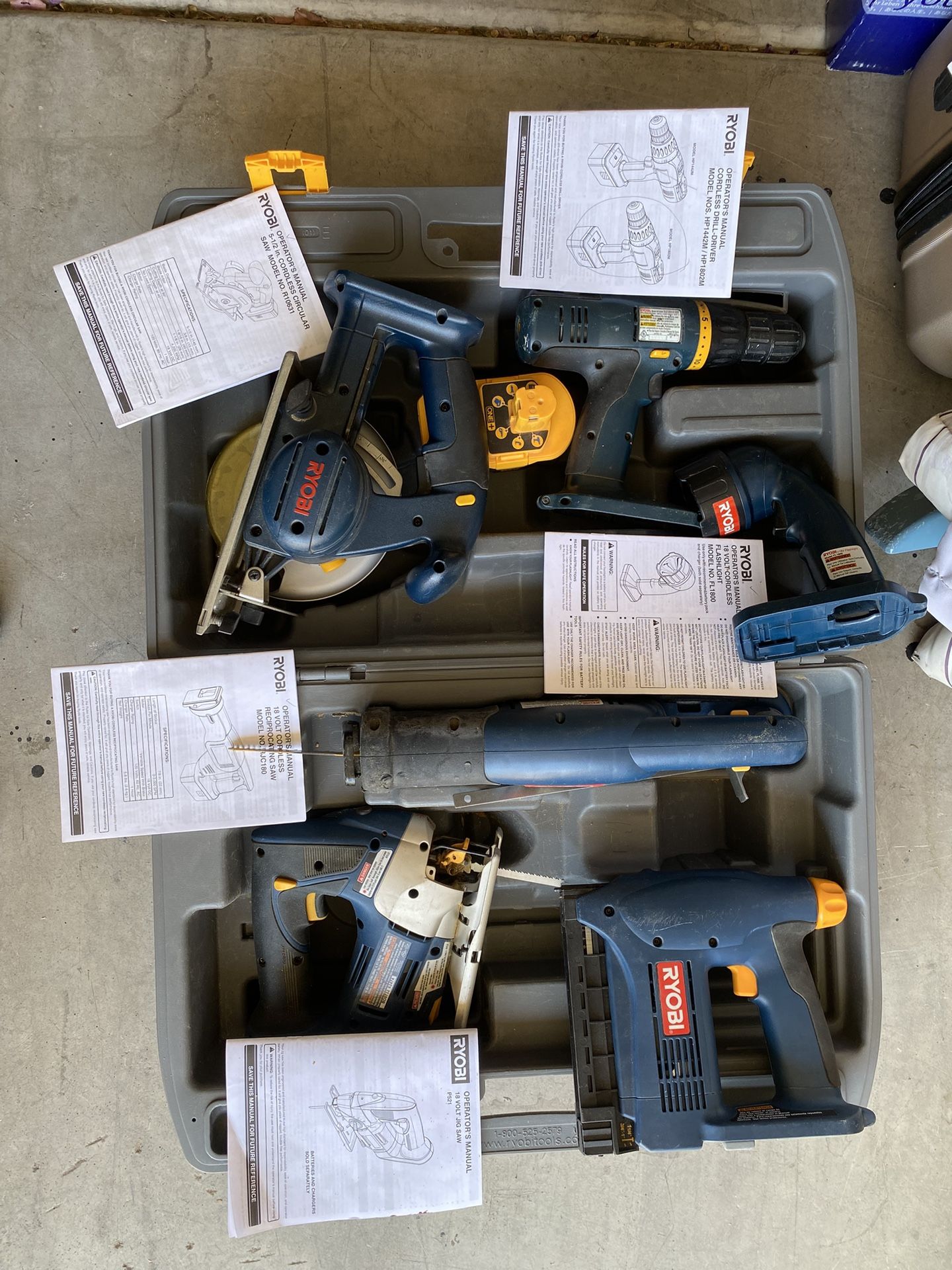 6 RYOBI Cordless Tools In Storage Box with 1 Battery; no Charger Included, See Listing Below. In Awautukee. 