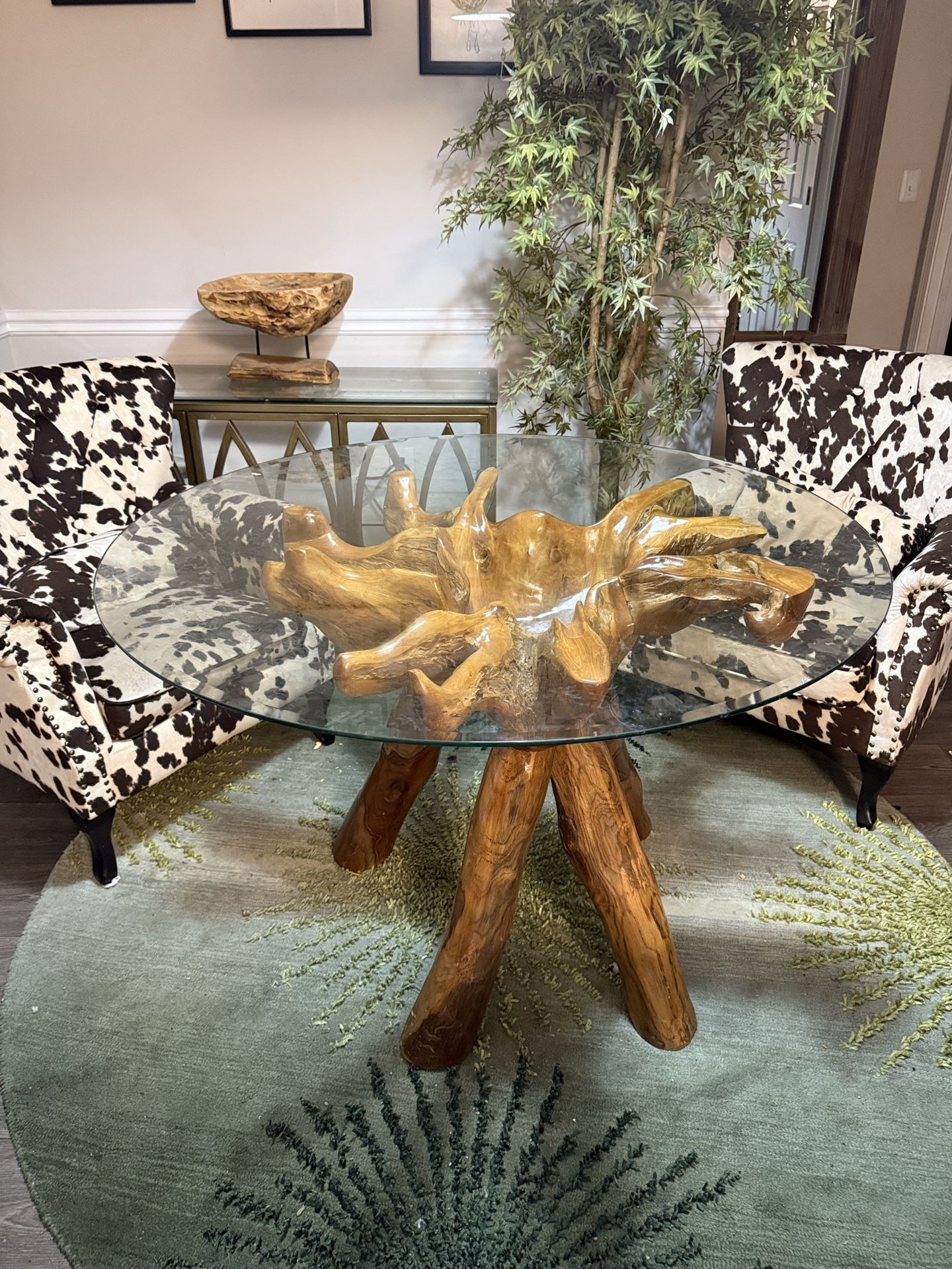 Teak Root Glass Dining Table – Statement Piece