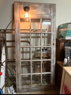 NEW! Antique French Door Wall Decor w/ Light Fixture – 12 Pane Glass- Vintage Birch Wood