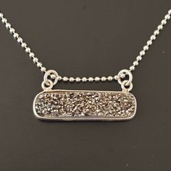 Sterling Silver Druzy Bar Pendant Necklace 16” Long