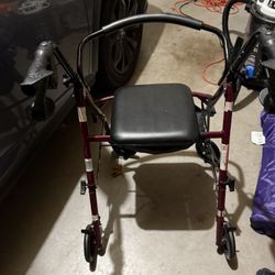 Medline Rolling Walker, Folding Rollator with Seat and 8-In Wheels, Burgundy, 350 lb Weight Capacity