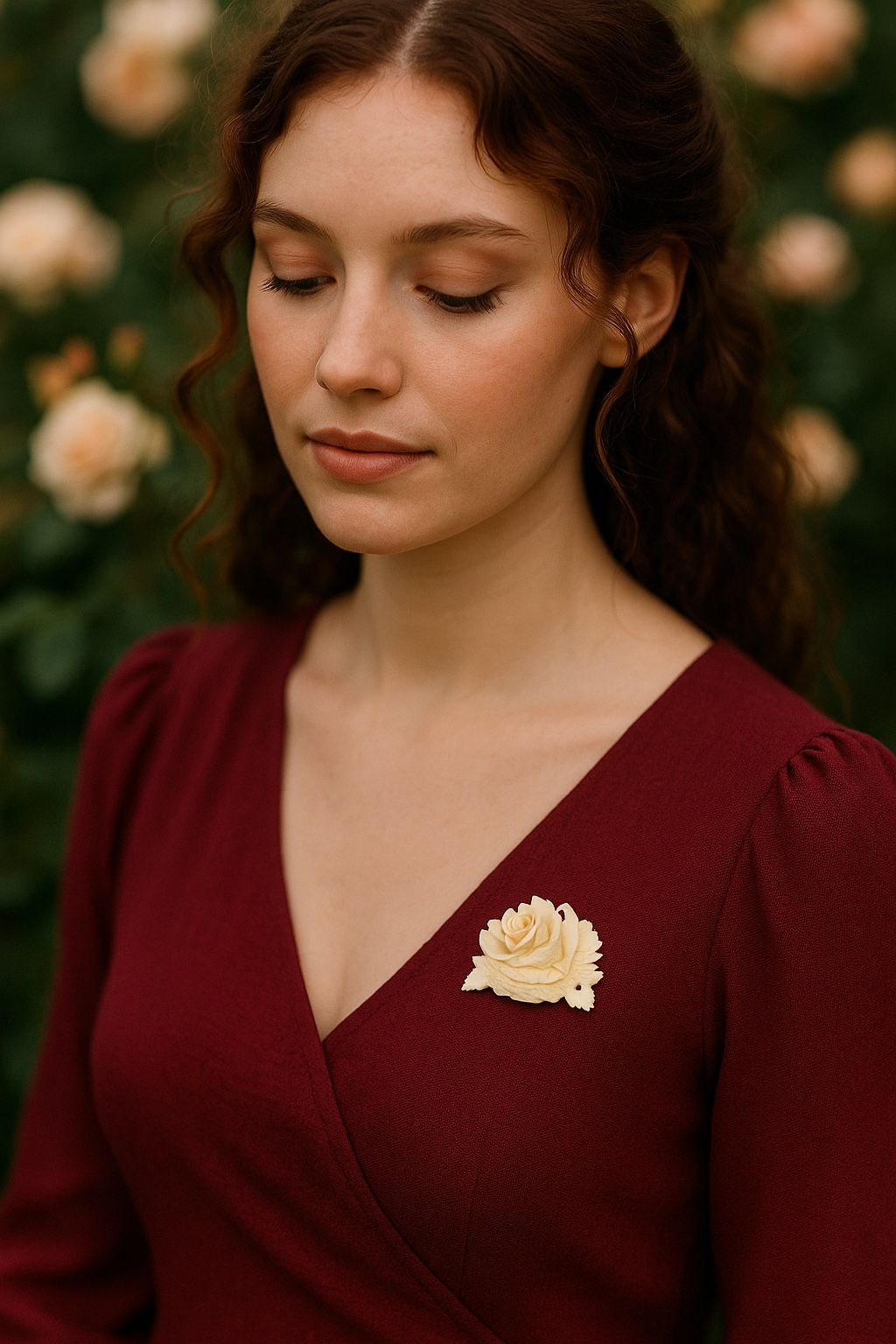 Taiwan 1960s Carved Cream Celluloid Floral Brooch, 2x1.25”