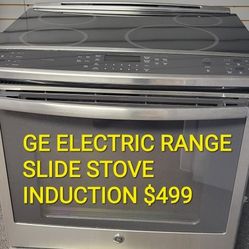 GE ELECTRIC INDUCTION SLIDE STOVE OVEN STAINLESS STEEL LIKE NEW WORK PERFECT INCLUDING WARRANTY DELIVERY AVAILABLE 