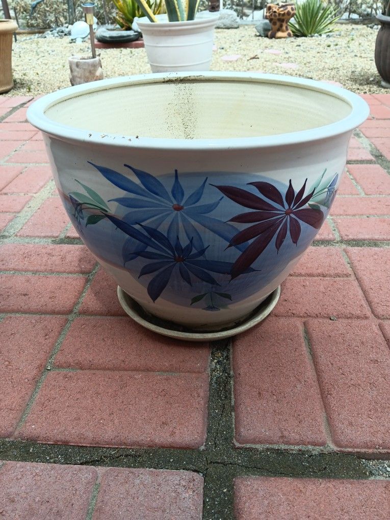 Handpainted Floral 18" Ceramic Flower Plant Pot w Saucer