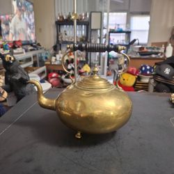 Antique Late 19th To Early 20th Century Brass Finished Tea Kettle W/Black Turned Wooden Handle 8.5H x 10W