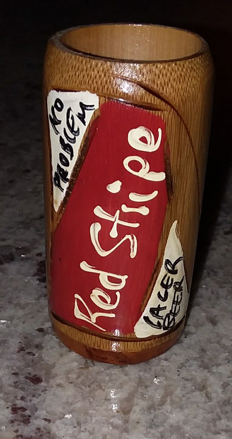Red Stripe unique collectible Bamboo shot glass from Jamaica never used