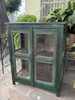 Rustic Green Solid Wood Display Cabinet with Glass Panels