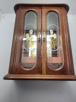 Vintage Gunther Mele Wooden Jewelry Box Cabinet Glass Floral Doors Taiwan