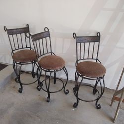 Three Wrought Iron High Stool Metal Chairs That  Swivel