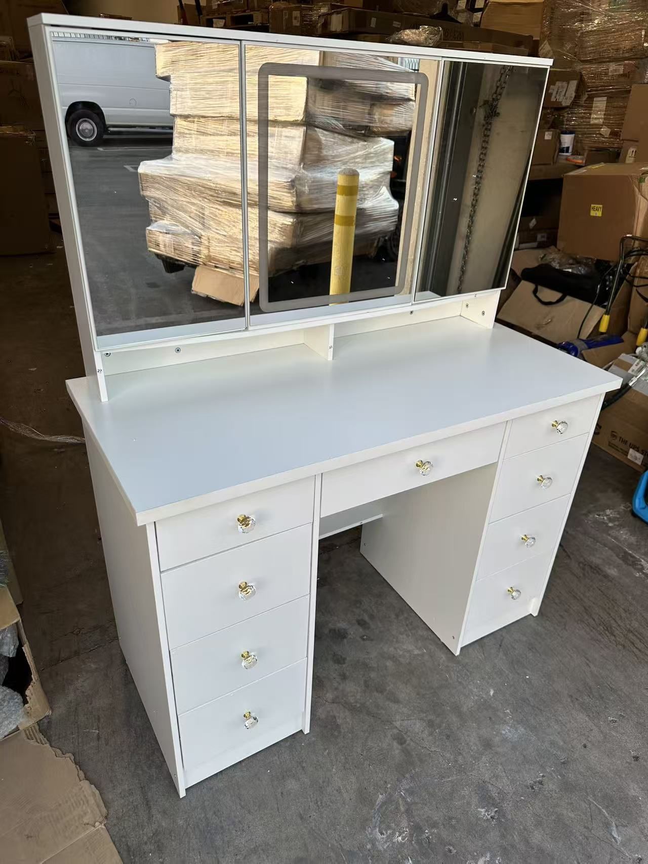 Large Makeup Vanity Desk with 3 Mirrors and Lights, Large Vanity Desk with Drawers and Shelves, Crystal Handles, 43.3” Desktop, Cushion Stool not Incl