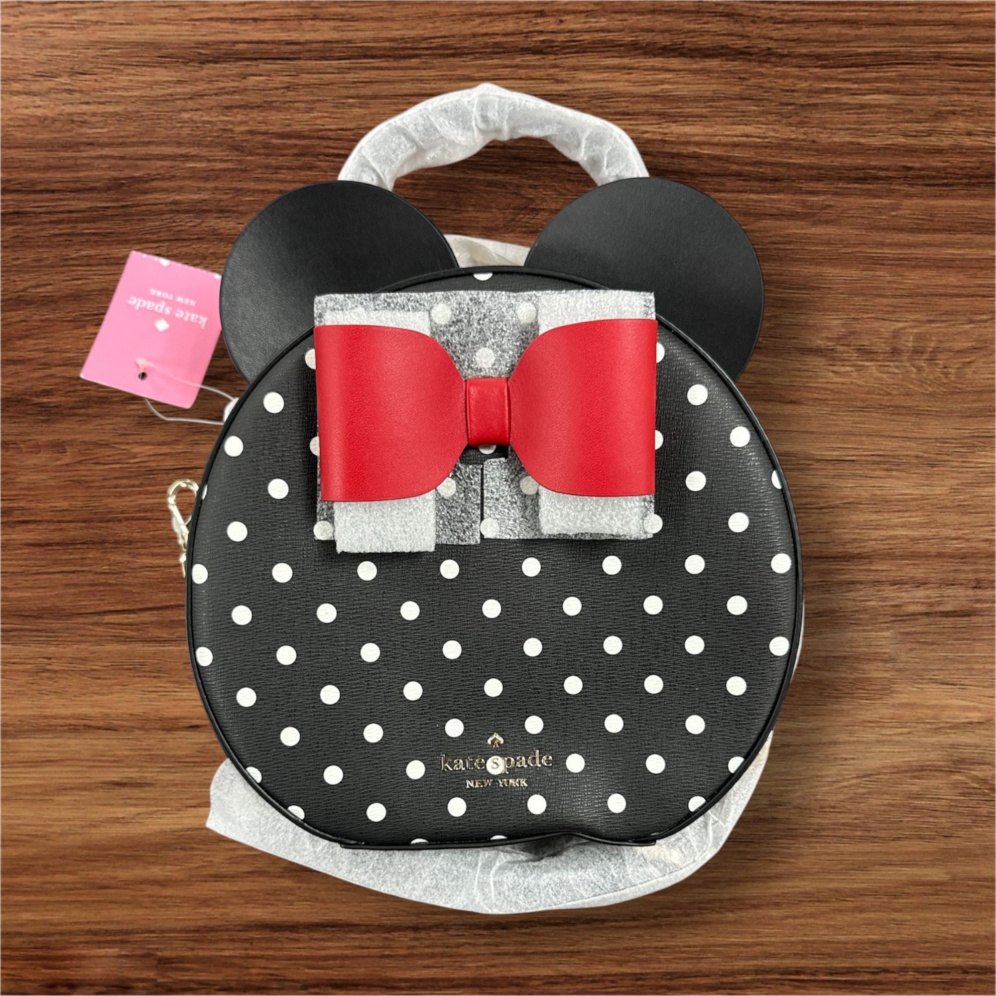 Kate Spade Disney X Minnie Mouse Round Canteen Purse Black White Polka Dot New
