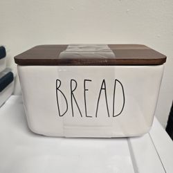 New Rae Dunn Ceramic Bread Box With Wooden Lid 10" W x 6" H  FIRM PRICE 