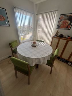 Green dining room chairs and free table