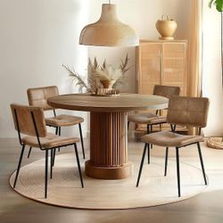 Mid-Century Modern Cognac Faux Leather Upholstered Dining Chairs