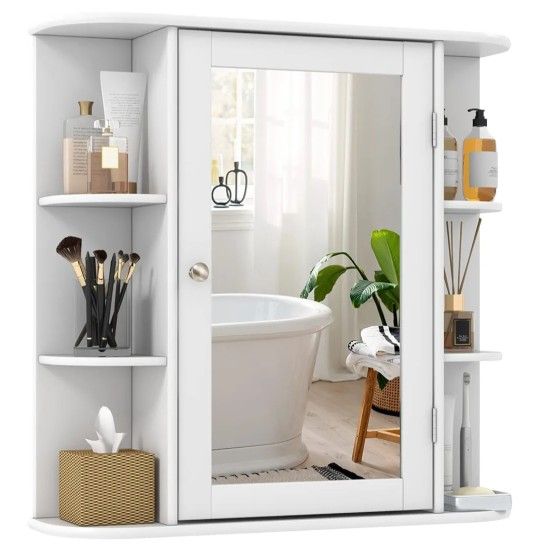 Bathroom Medicine Cabinet with Mirror, Wall Mounted Home Storage with Door & 6 Open Shelves, Adjustable Shelves, Mirrored Bathroom Wall Cabinet (Whit