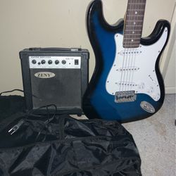 zeny stratocaster dark blue electric guitar w/ bag & amp