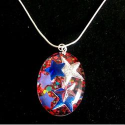 4th Of July Patriotic Star Glitter Pendant On 20" Silver Necklace NEW 