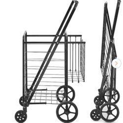 Folding Shopping Cart, Jumbo Grocery Cart with Double Baskets, 360° Swivel Wheels, Duty Utility Cart Black Kitchen Cart