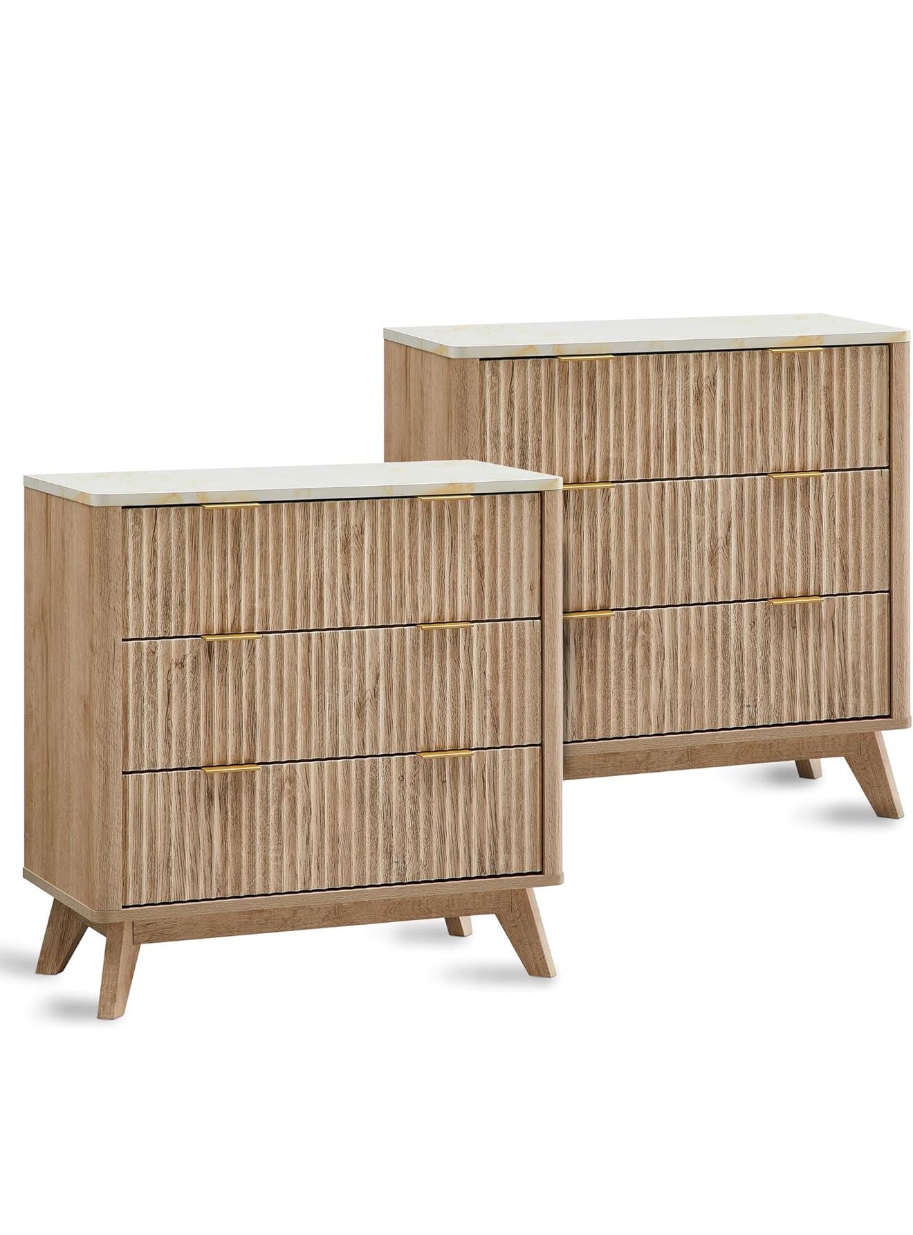 T4TREAM 32" Tall Fluted Nightstand Set of 2, Modern Side Table with Faux Marble Top, 3 Drawers End Table w/Storage, Bedside Table for Bedroom, Living