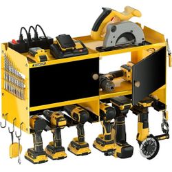 Power Tool Organizer with Charging Station, Garage Wall Mount Utility Shelf with 4 Outlet Power Strip 4Drills Holder, Metal Storage Cabinet for Cordl