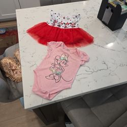 DISNEY MINNIE BABY ONEIES & DISNEY  MINNIE MOUSE DRESS SZ 2T SEE DESCRIPTION 
