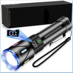 Flashlights High Lumens Rechargeable 5000mAh with LCD Power Display, Super Bright 100000 Lumen Flashlight, IPX7 Waterproof, 3 Modes & Zoomable (1500m)