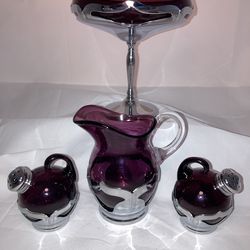 Vintage Farmer Bros, New York Amethyst Glass & Krome Kraft Compote, Salt & Pepper Shakers, Creamer Pitcher (Set Of 4)