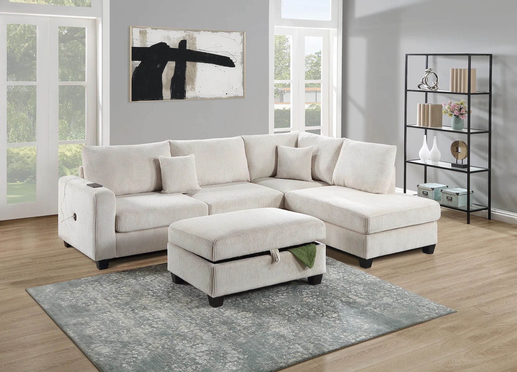 New 106”Plush Ivory Sectional, Sectional And Storage Ottoman, Sectionals, Sofa, Couch, Beige Couch, Ivorry Couch, Corduroy Sectional, USB Charger Sofa