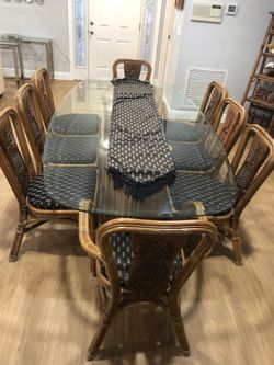 Glass Dining table with eight chairs, tropical bamboo Rattan