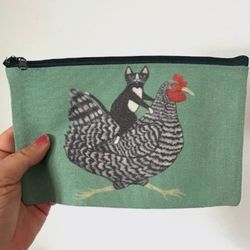 Handmade Canvas Zipper Pouch with Black & White Chicken + Cat Graphic