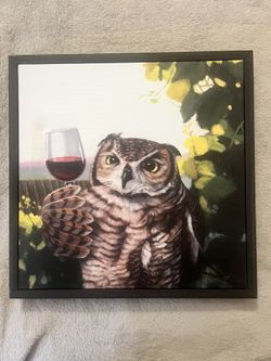 Framed Painting Of Owl With Wine