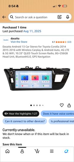 Dasaita Android 13 Car Stereo for Toyota Corolla 2014 2015 2016 with Wireless Carplay & Android Auto, 4G LTE & 5G WiFi, 10.33" QLED Touch Screen Radio