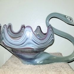 Vintage Mid-Century Murano Style Hand Blown Art Glass Swan Bowl