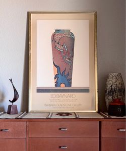 Vintage Ed Baynard Asian Dragon Themed Vase Exhibition Woodblock Poster, Large 80's NYC Art Gallery Boho