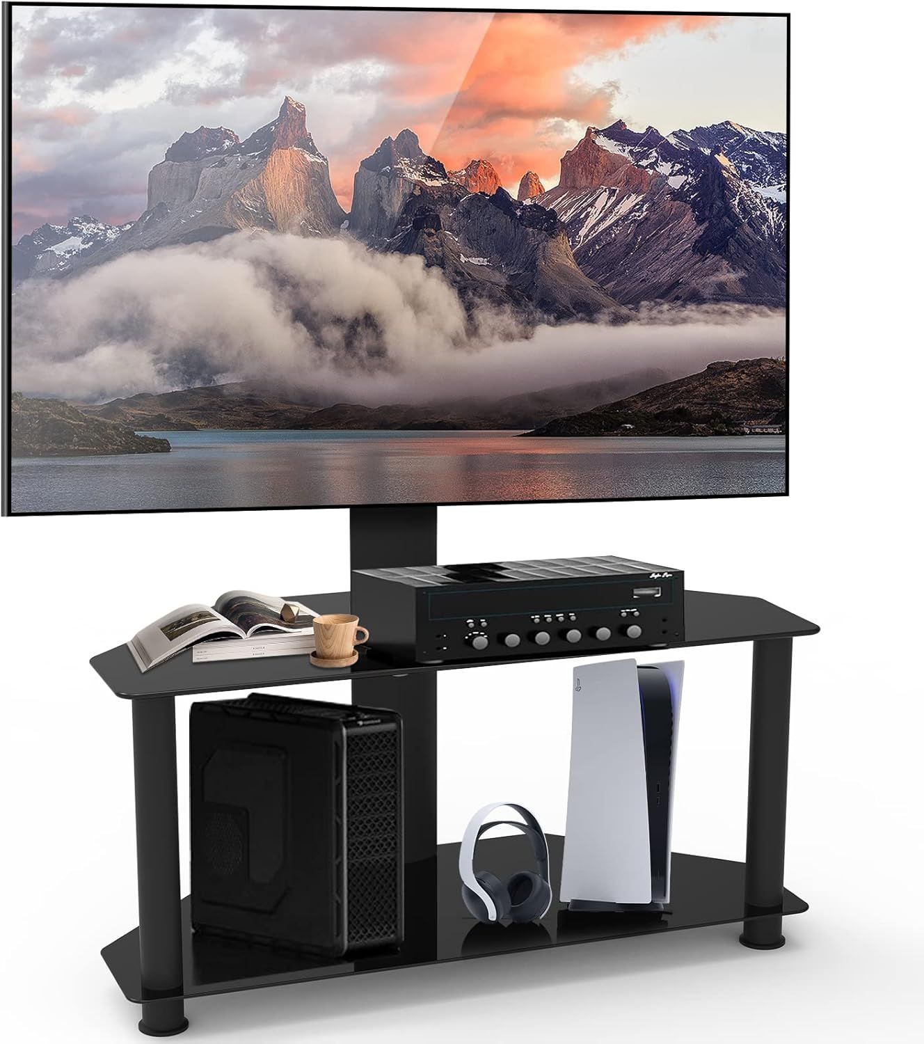 Swivel Universal Corner TV Floor Stand with 2 Tier Storage Tempered Glass Shelves and Height Adjustable Entertainment Stand for 32-55 inch Flat 