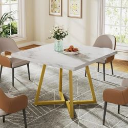 Tribesigns Square Dining Table for 4 - 31.5" Industrial Dinner Table with Metal Base, White & Gold