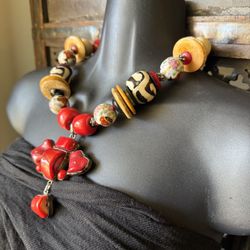 Gorgeous Pendant Necklace W/African Batik, Coral, Onyx,Porcelain,&Silver Beads