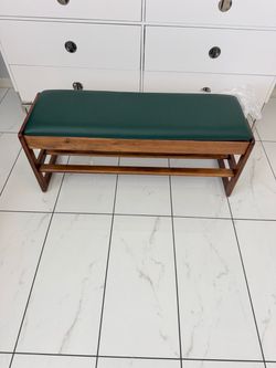 Wood Bench with Green Upholstered Seat