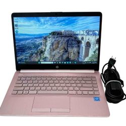 Pink HP 14 Inch Laptop Intel Quad Core CPU 8 GB RAM Webcam USB C Thunderbolt Port Windows 11