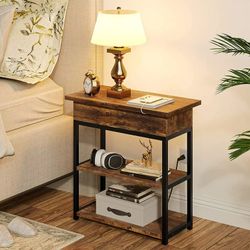 End Table and Nightstand with Charging Station, Rustic Brown