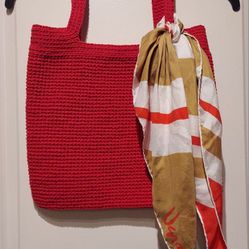 CROCHET RED TOTE BAG WITH SCARF  ( HANDMADE)