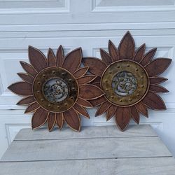 Pair Of Vintage Wood Bamboo & Metal Floral Wall Hangings Boho Tropical Decor 26”