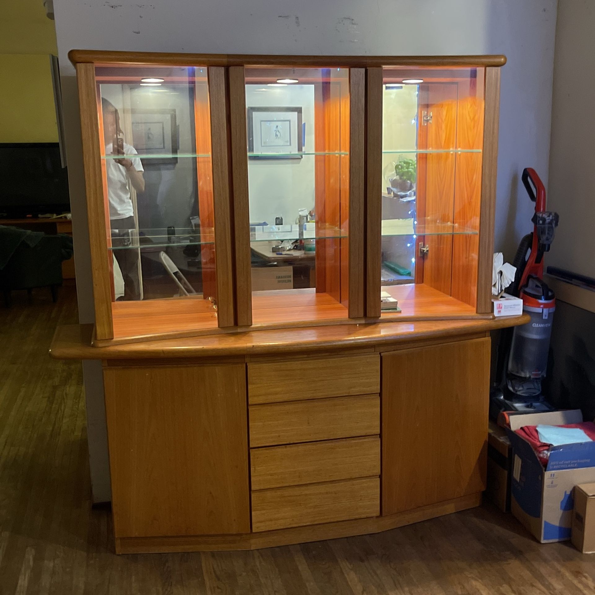Mid century modern teak hutch with lights