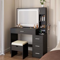 Black Vanity Desk with LED Mirror and Stool