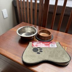 New- Kitten Feeding Set Up- Mat And Food+Water Bowl