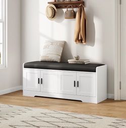 White Storage Bench with Cushioned Seat