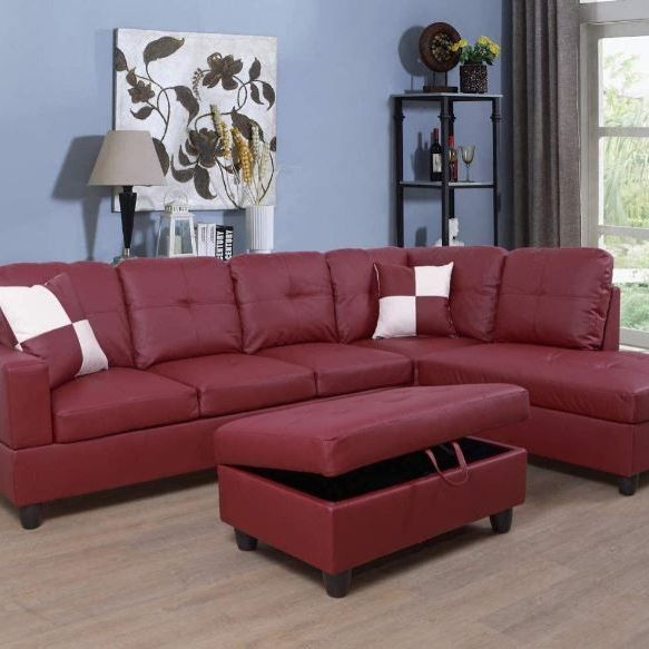 New Stock Financing Available Red Faux Leather Sectional Storage Ottoman With Pillows