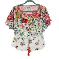 ANTHROPOLOGIE Womens White Floral Dolman Sleeve Tie Waist Boho Top Size Medium