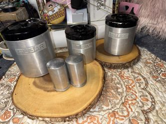 Rare Vtg MCM Fontana Spun Aluminum nesting Egg Canister Set +S&P Shakers-Japan’s